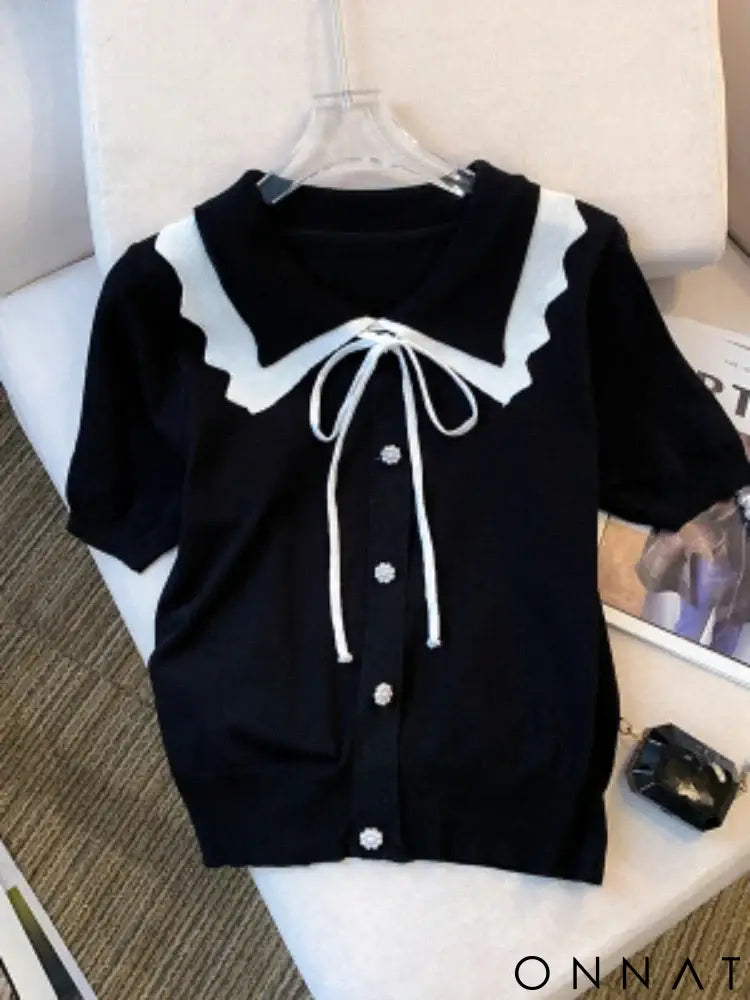 Elegant Short Sleeve Sweater with Lace Up Contrast Trim - Women’s Clothing black / One Size