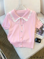 Elegant Short Sleeve Sweater with Lace Up Contrast Trim - Women’s Clothing Pink / One Size
