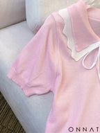 Elegant Short Sleeve Sweater with Lace Up Contrast Trim - Women’s Clothing