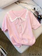 Elegant Short Sleeve Sweater with Lace Up Contrast Trim - Women’s Clothing