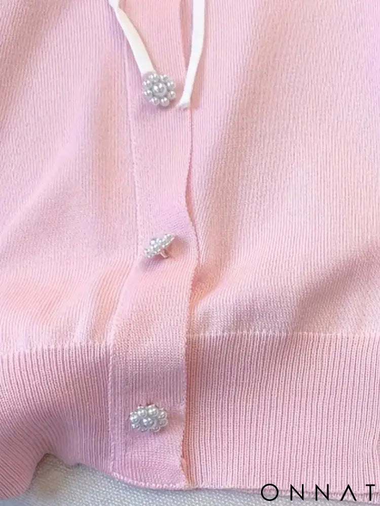 Elegant Short Sleeve Sweater with Lace Up Contrast Trim - Women’s Clothing