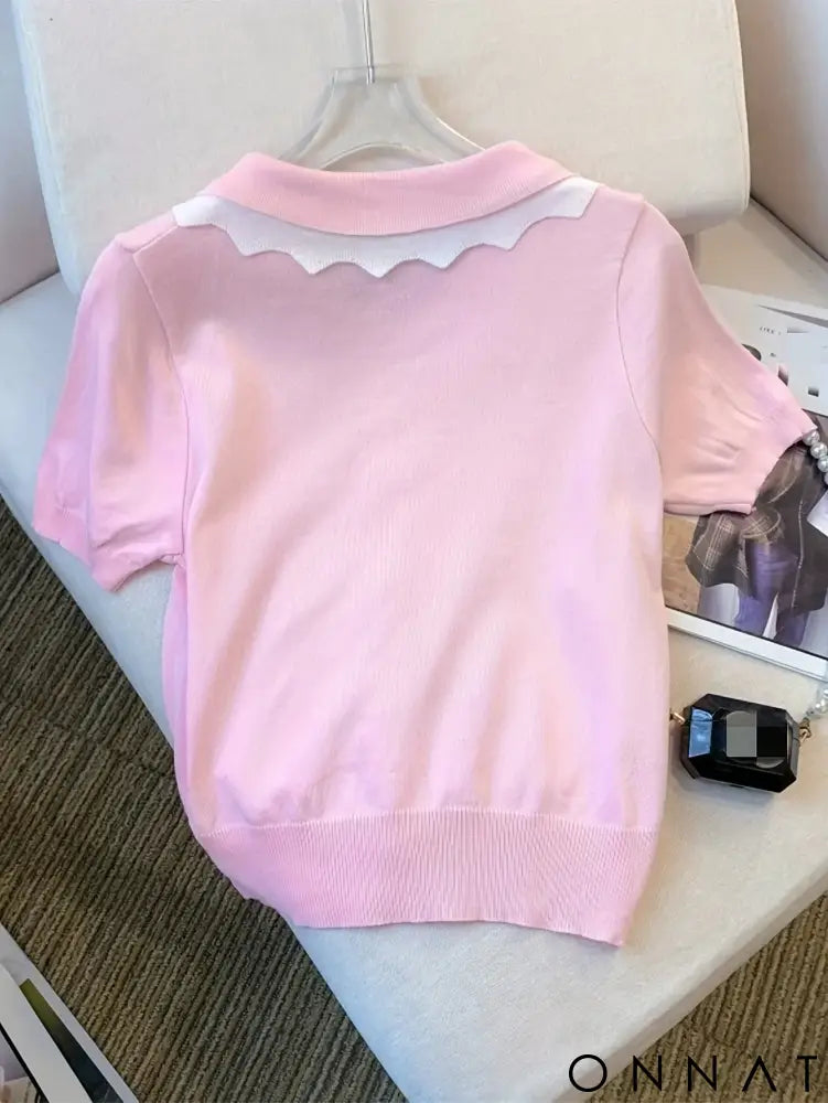 Elegant Short Sleeve Sweater with Lace Up Contrast Trim - Women’s Clothing