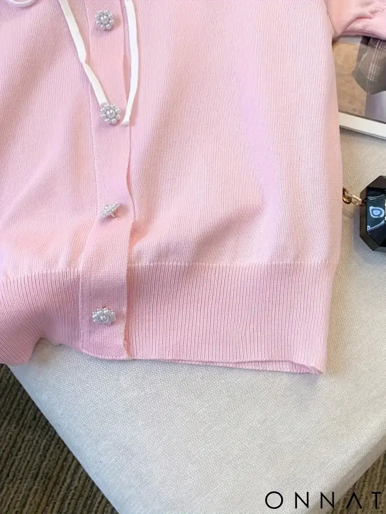 Elegant Short Sleeve Sweater with Lace Up Contrast Trim - Women’s Clothing