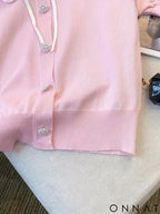 Elegant Short Sleeve Sweater with Lace Up Contrast Trim - Women’s Clothing