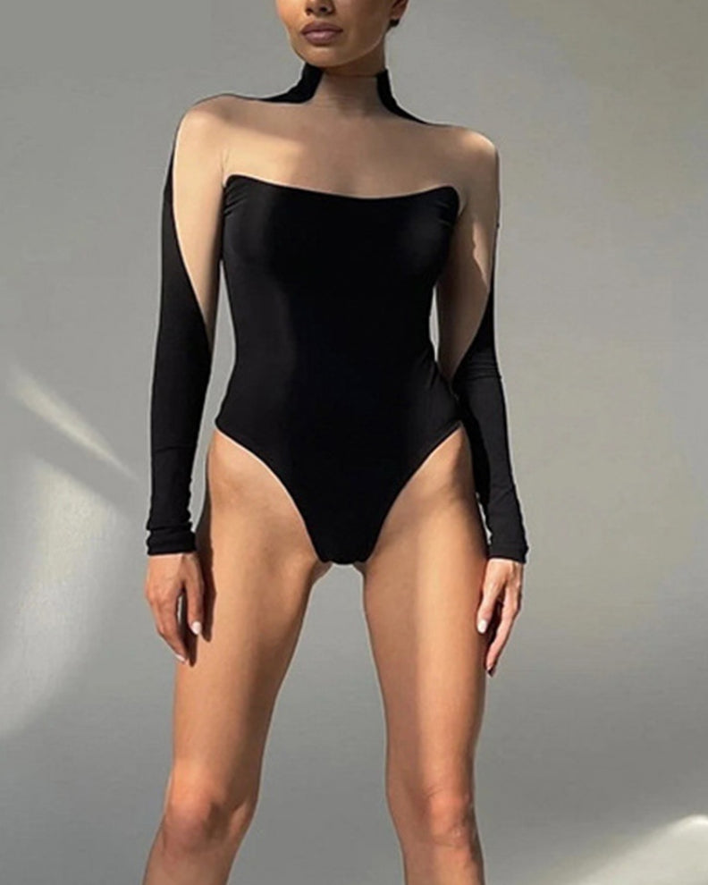 Body Preto e Nude de Manga Longa em Tule