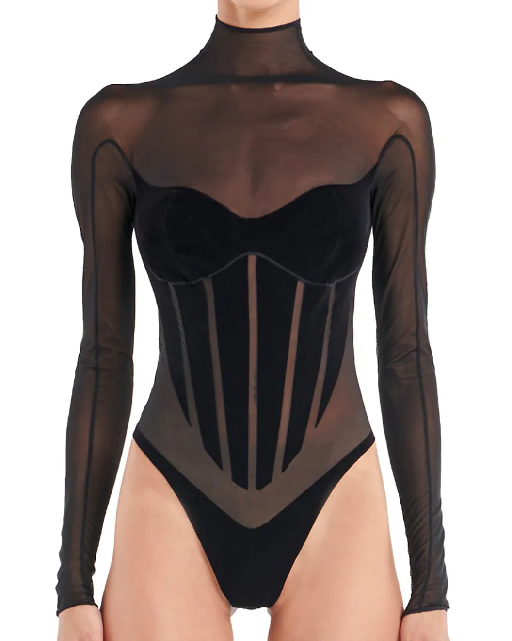 Body Preto Transparente Modelador com Gola Alta