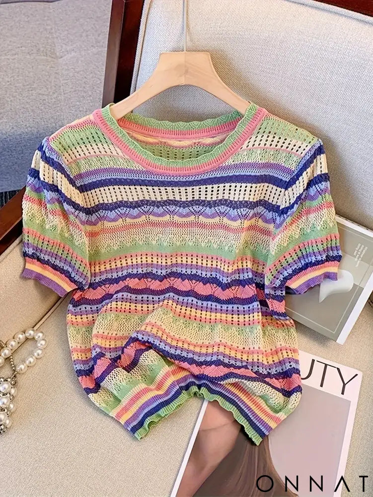 2024 New Color Block Crew Neck Knitted Top Casual Short Sleeve Top For Spring Summer Women’s Clothing Crop Top Mixed