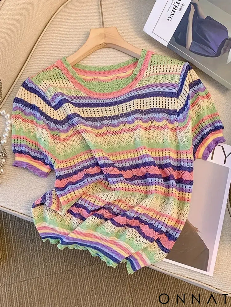 2024 New Color Block Crew Neck Knitted Top Casual Short Sleeve Top For Spring Summer Women’s Clothing Crop Top Mixed