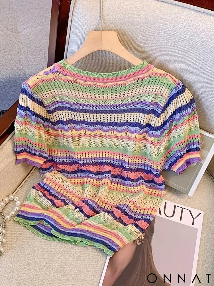 2024 New Color Block Crew Neck Knitted Top Casual Short Sleeve Top For Spring Summer Women’s Clothing Crop Top Mixed