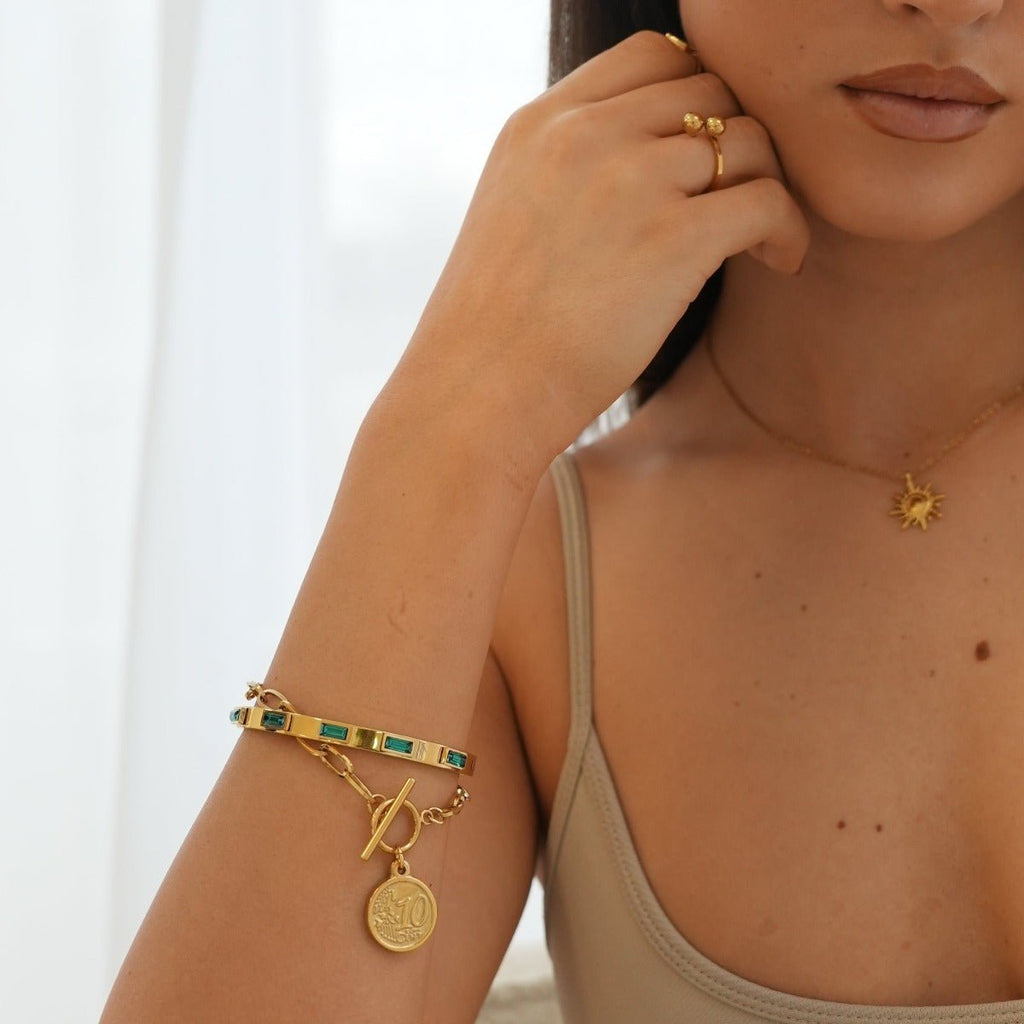 Bracelete Cristais Navete Verde Banhado em Ouro 18K
