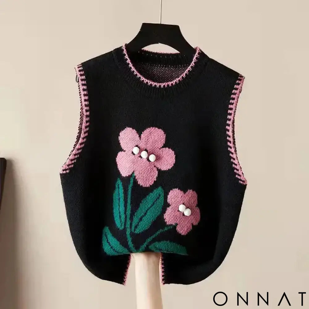 Black Floral Acrylic Knit O-Neck Sleeveless Pullover Women’s Vest Sweater Female Sweaters Tops Woman Clothing Fashion