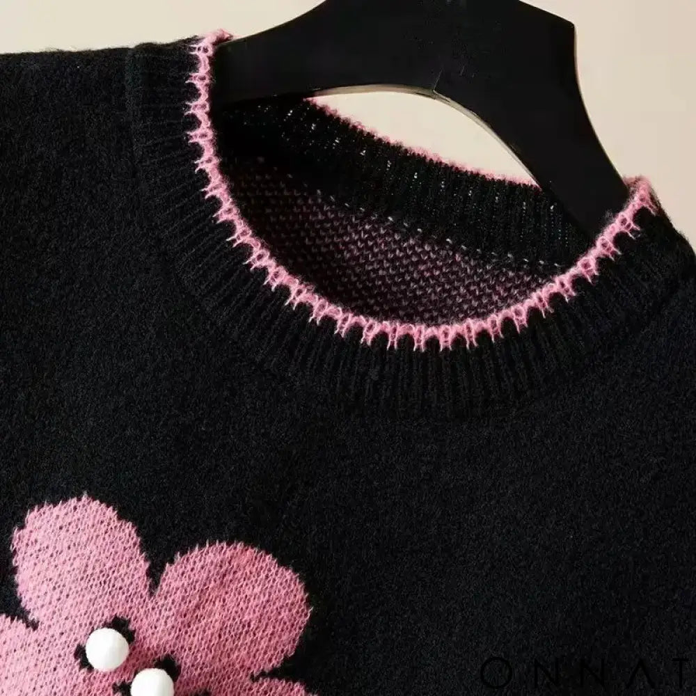Black Floral Acrylic Knit O-Neck Sleeveless Pullover Women’s Vest Sweater Female Sweaters Tops Woman Clothing Fashion