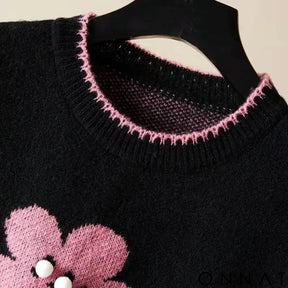 Black Floral Acrylic Knit O-Neck Sleeveless Pullover Women’s Vest Sweater Female Sweaters Tops Woman Clothing Fashion