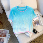 2023 Summer New Gradient Diamonds Short Sleeve Knitted T-shirt Women Casual O-neck Loose Pullover Thin Ice Silk