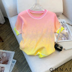 2023 Summer New Gradient Diamonds Short Sleeve Knitted T-shirt Women Casual O-neck Loose Pullover Thin Ice Silk