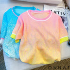 2023 Summer New Gradient Diamonds Short Sleeve Knitted T-shirt Women Casual O-neck Loose Pullover Thin Ice Silk