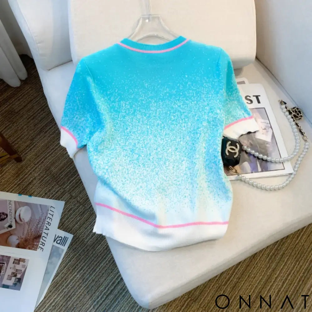 2023 Summer New Gradient Diamonds Short Sleeve Knitted T-shirt Women Casual O-neck Loose Pullover Thin Ice Silk