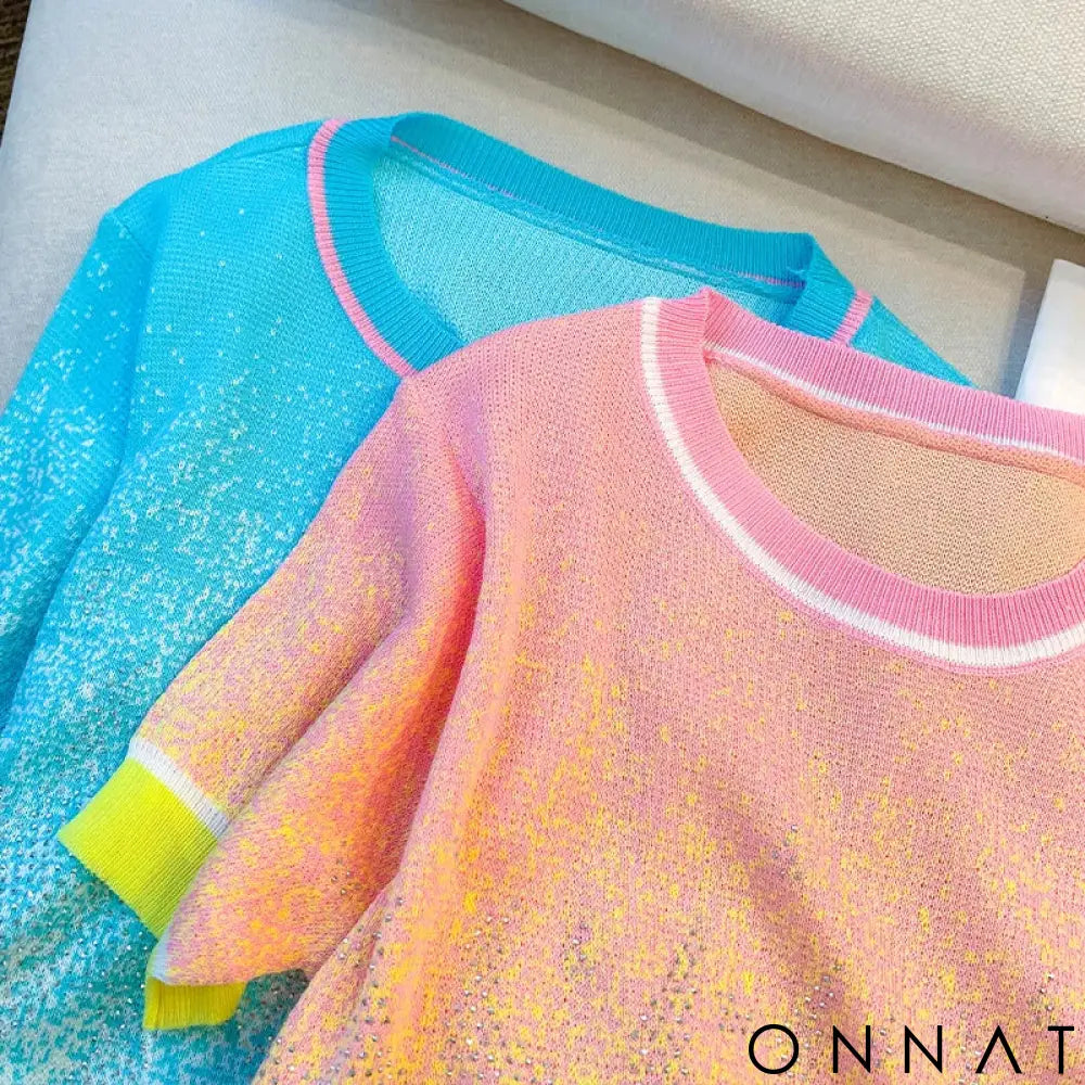 2023 Summer New Gradient Diamonds Short Sleeve Knitted T-shirt Women Casual O-neck Loose Pullover Thin Ice Silk