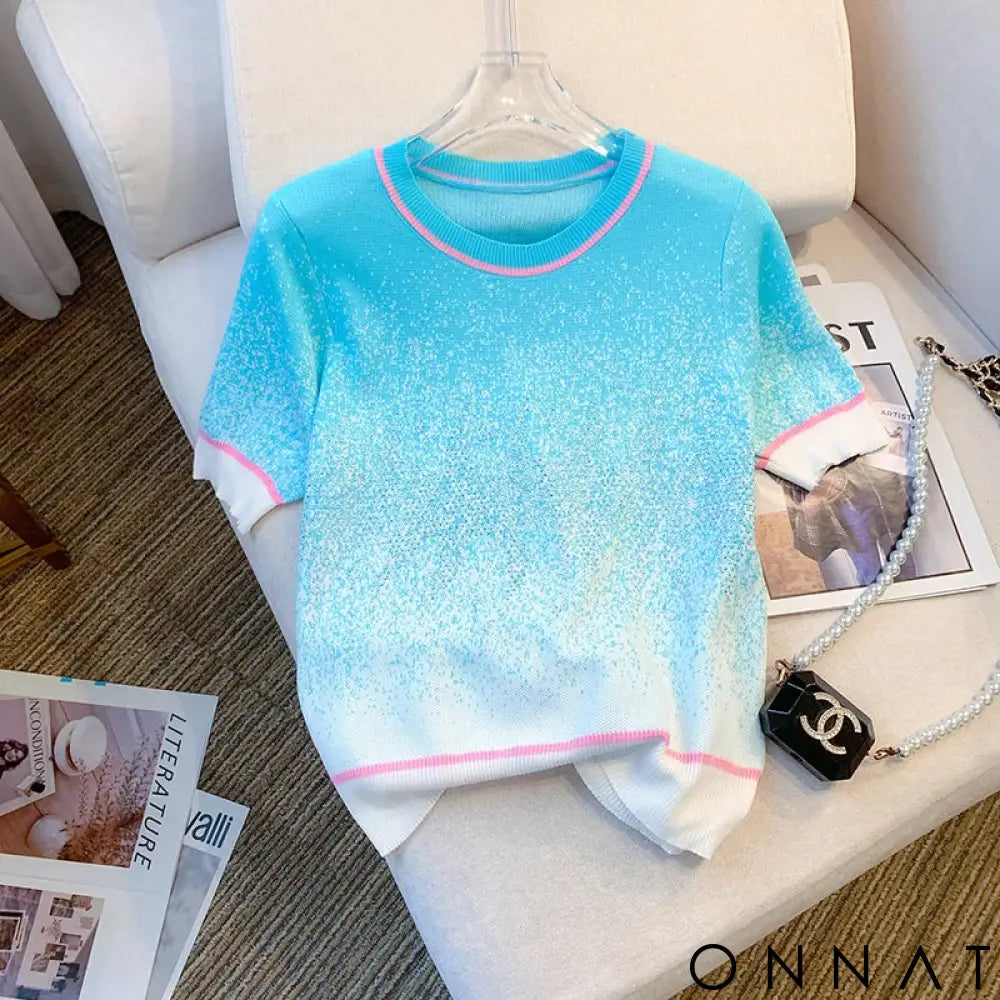 2023 Summer New Gradient Diamonds Short Sleeve Knitted T-shirt Women Casual O-neck Loose Pullover Thin Ice Silk