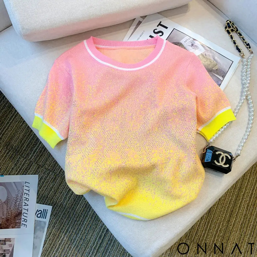 2023 Summer New Gradient Diamonds Short Sleeve Knitted T-shirt Women Casual O-neck Loose Pullover Thin Ice Silk