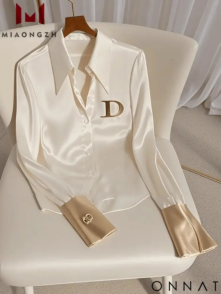 High Quality Fashion Women’s White Satin Shirt Turn Down Collar Long Sleeve Blouses 2024 Autumn New For Women Casual
