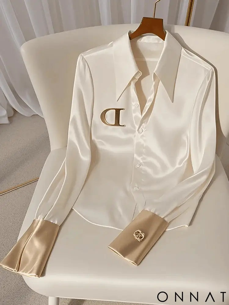 High Quality Fashion Women’s White Satin Shirt Turn Down Collar Long Sleeve Blouses 2024 Autumn New For Women Casual