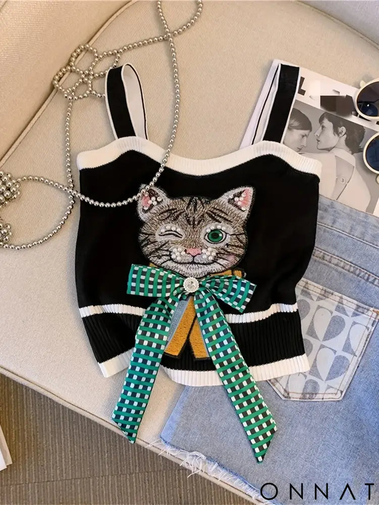 2024 Femali Cat Embroidered Knitted Cami Top Women Y2K Sleeveless Crop Top For Spring & Summer Women’s Clothing Black