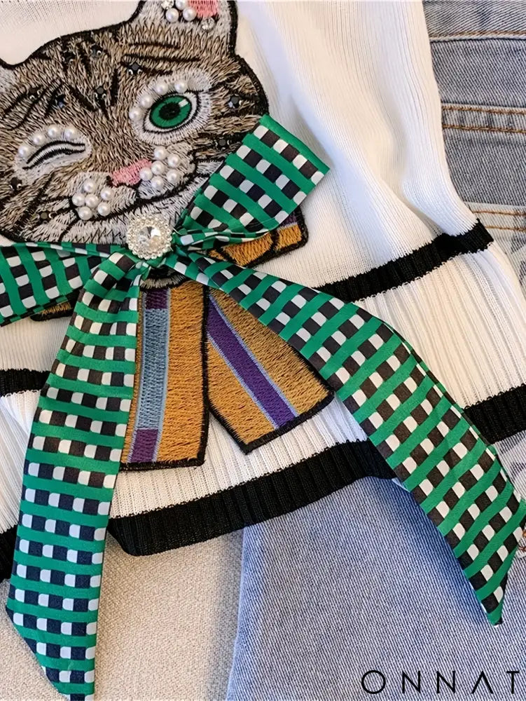 2024 Femali Cat Embroidered Knitted Cami Top Women Y2K Sleeveless Crop Top For Spring & Summer Women’s Clothing