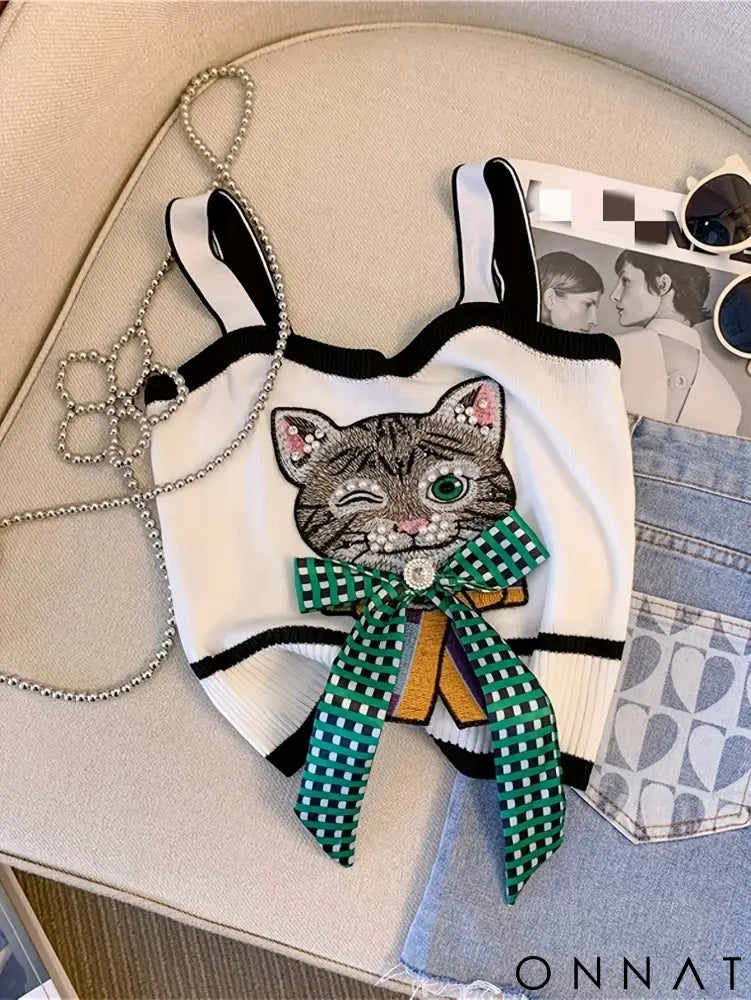 2024 Femali Cat Embroidered Knitted Cami Top Women Y2K Sleeveless Crop Top For Spring & Summer Women’s Clothing WHITE