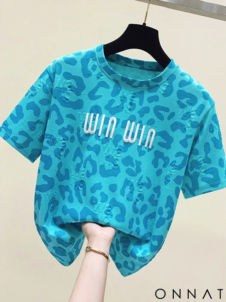 2024 new summer leopard print short sleeved t-shirt for women loose round neck fashionable and chic top trend Blue / L