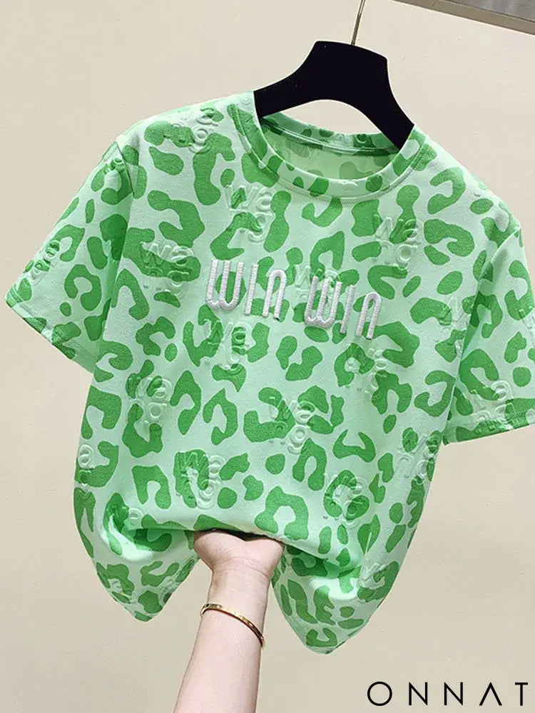 2024 new summer leopard print short sleeved t-shirt for women loose round neck fashionable and chic top trend green / L
