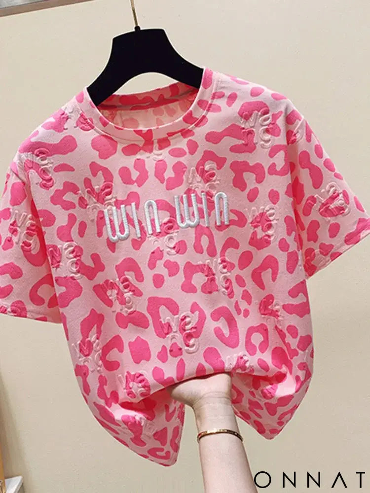 2024 new summer leopard print short sleeved t-shirt for women loose round neck fashionable and chic top trend Red / XL