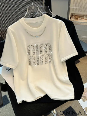 2024 Plus Size Hot Drilling Chain Loose T-shirt Women Summer New Korean Style Elegant Casual Trendy Short Sleeve Top
