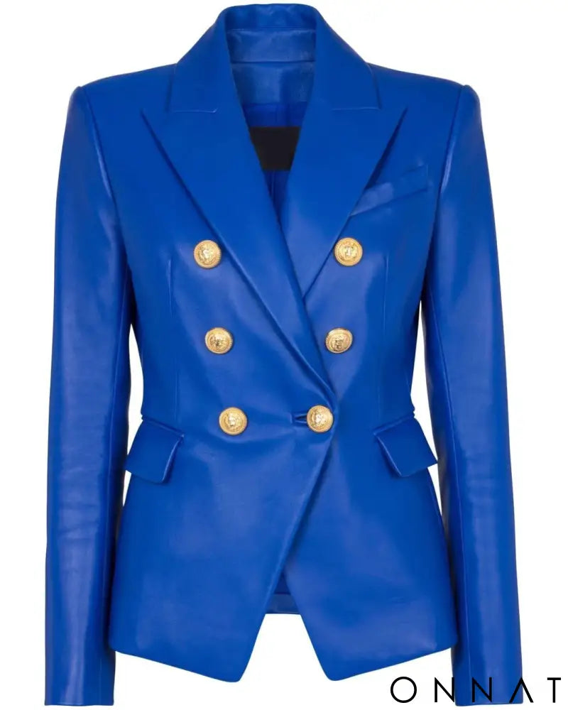 Cobalt Blue Leather Gold Button Blazer