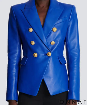 Cobalt Blue Leather Gold Button Blazer