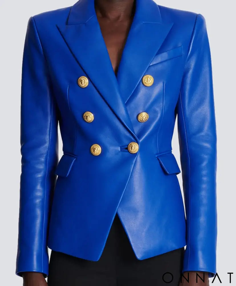 Cobalt Blue Leather Gold Button Blazer