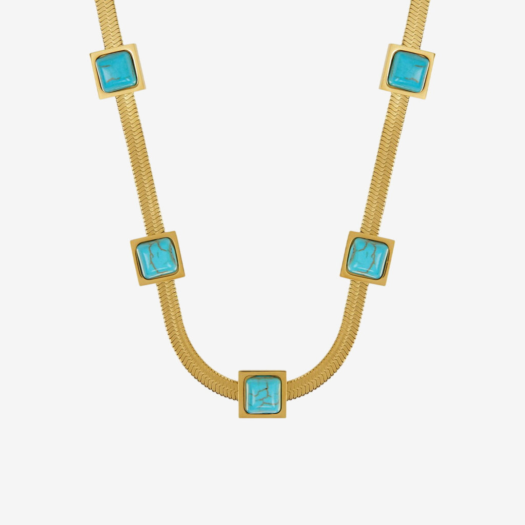 Colar Turquesa Malha Pedra Aqua Banhado em Ouro 18K