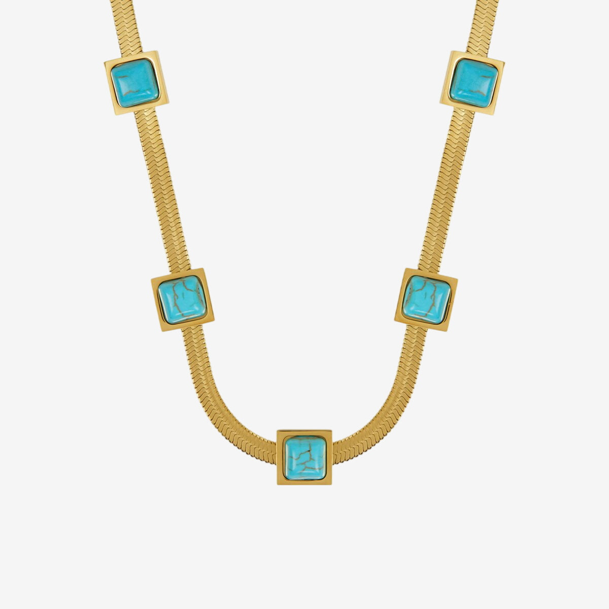 Colar Turquesa Malha Pedra Aqua Banhado em Ouro 18K