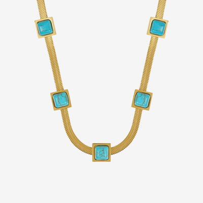 Colar Turquesa Malha Pedra Aqua Banhado em Ouro 18K