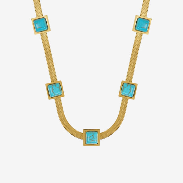 Colar Turquesa Malha Pedra Aqua Banhado em Ouro 18K