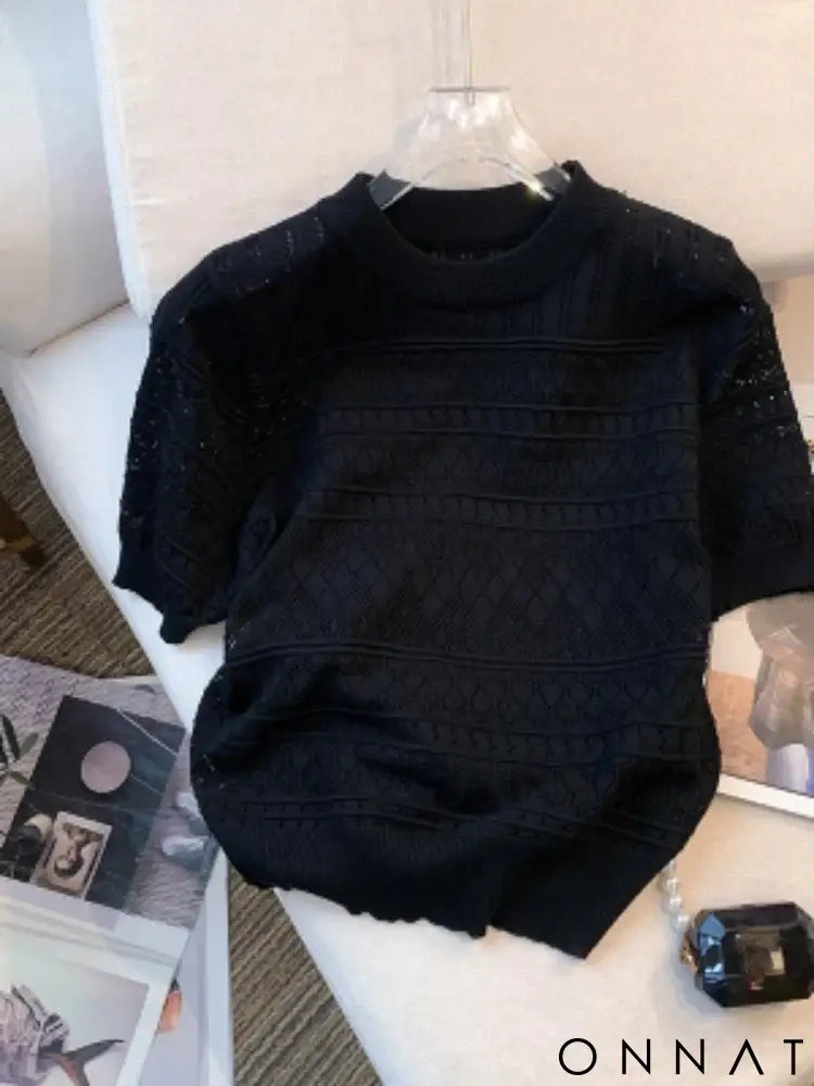 2024 New Summer Thin Hollow Out Crew Neck Pullover Sweater Versatile Short Sleeve Knitted Top For Spring & Women’s