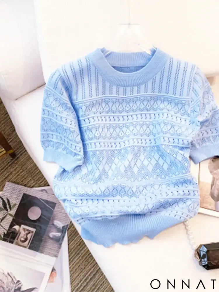 2024 New Summer Thin Hollow Out Crew Neck Pullover Sweater Versatile Short Sleeve Knitted Top For Spring & Women’s