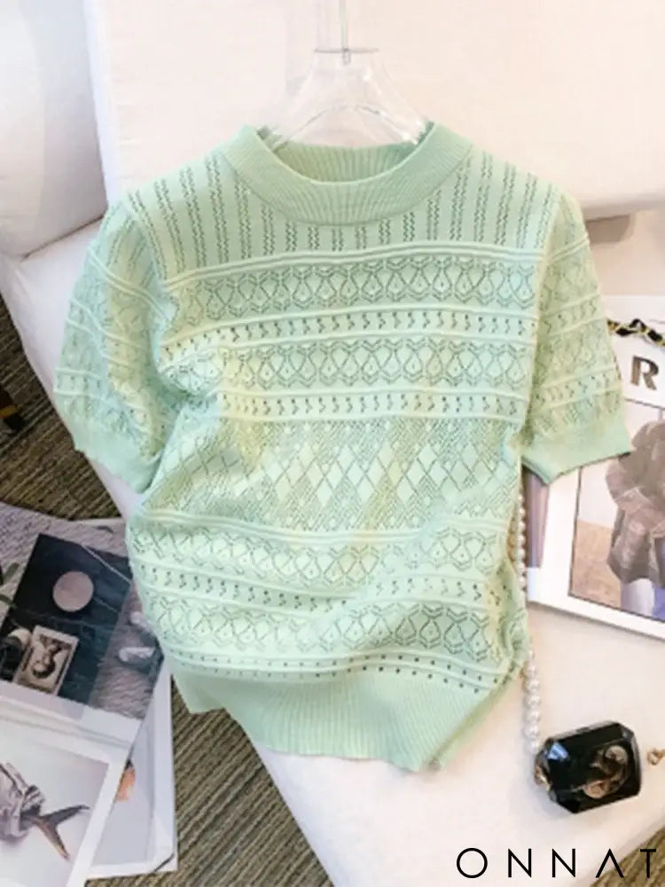 2024 New Summer Thin Hollow Out Crew Neck Pullover Sweater Versatile Short Sleeve Knitted Top For Spring & Women’s