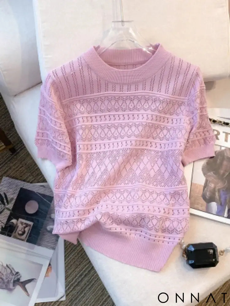 2024 New Summer Thin Hollow Out Crew Neck Pullover Sweater Versatile Short Sleeve Knitted Top For Spring & Women’s
