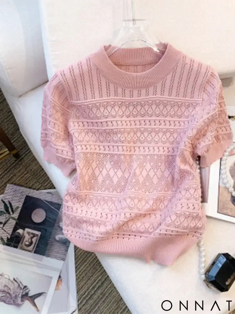 2024 New Summer Thin Hollow Out Crew Neck Pullover Sweater Versatile Short Sleeve Knitted Top For Spring & Women’s