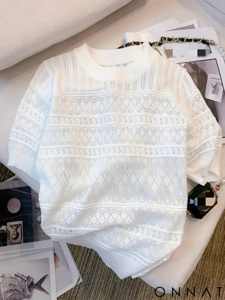 2024 New Summer Thin Hollow Out Crew Neck Pullover Sweater Versatile Short Sleeve Knitted Top For Spring & Women’s