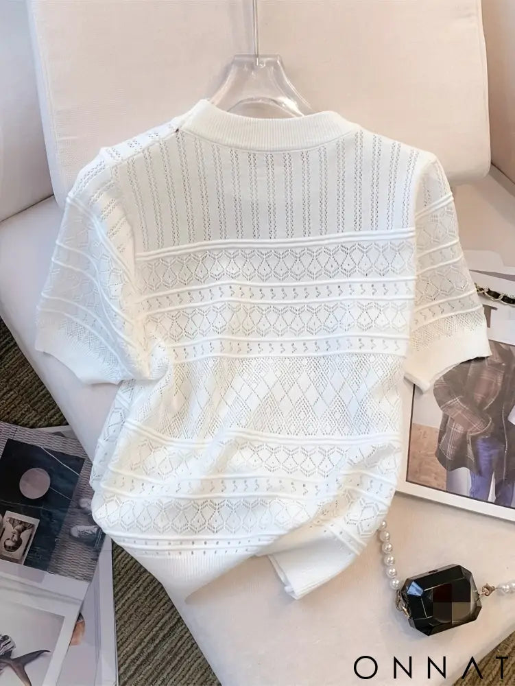 2024 New Summer Thin Hollow Out Crew Neck Pullover Sweater Versatile Short Sleeve Knitted Top For Spring & Women’s