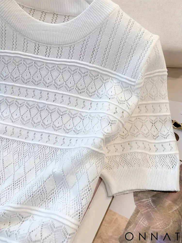 2024 New Summer Thin Hollow Out Crew Neck Pullover Sweater Versatile Short Sleeve Knitted Top For Spring & Women’s