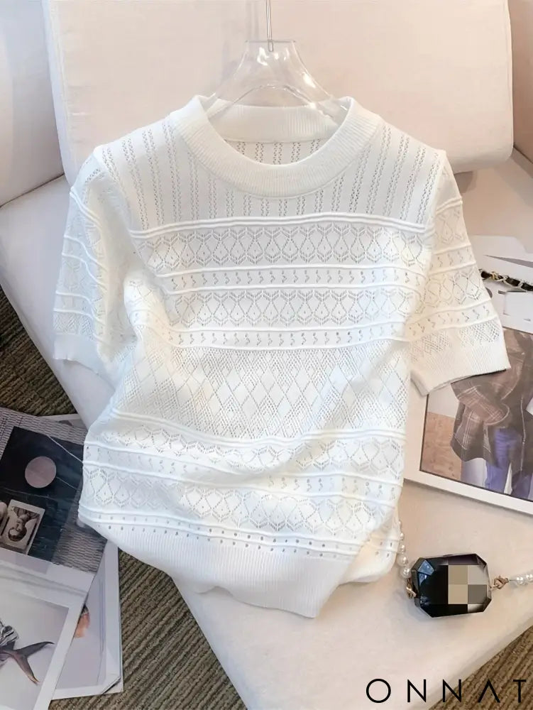 2024 New Summer Thin Hollow Out Crew Neck Pullover Sweater Versatile Short Sleeve Knitted Top For Spring & Women’s