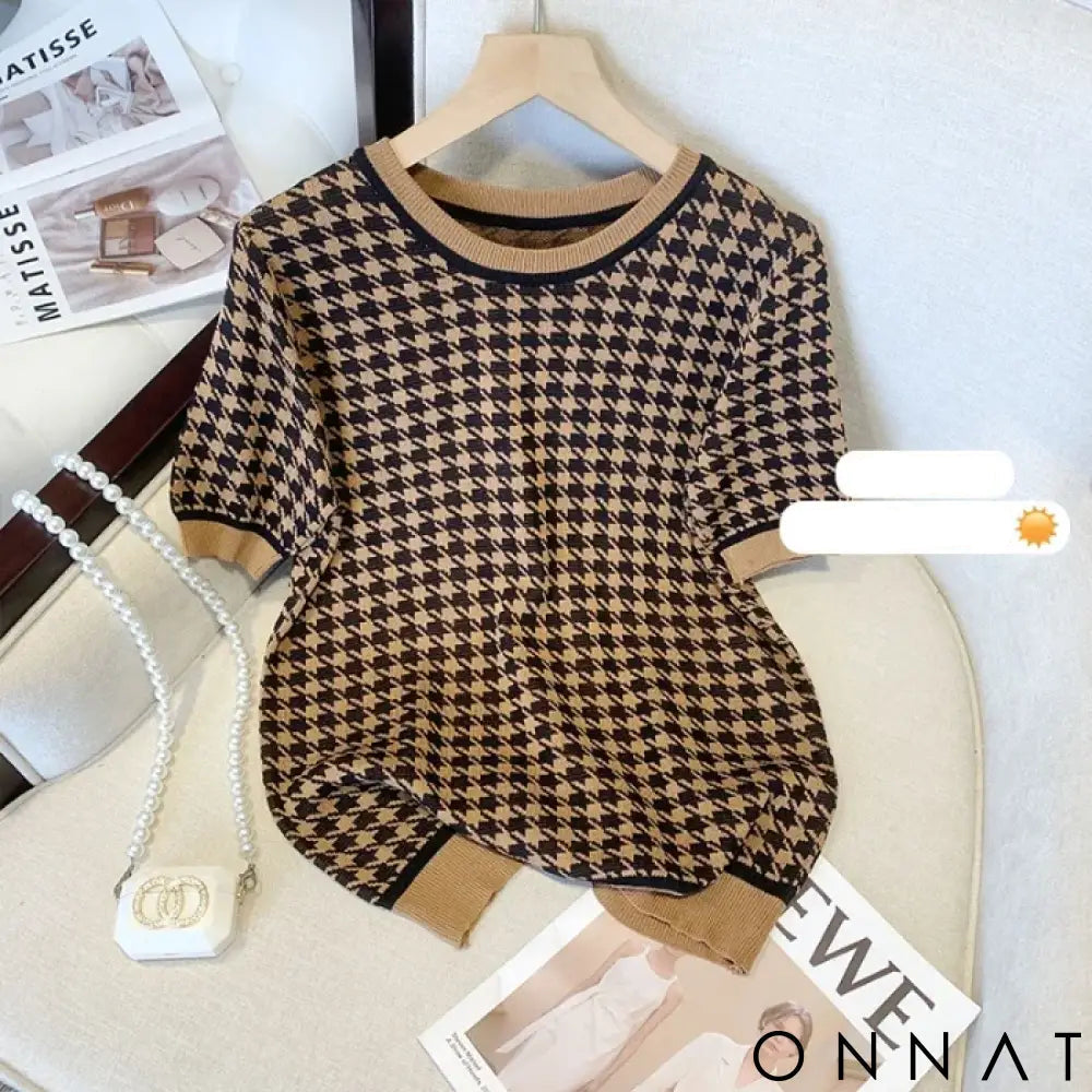 Office Ladies Fashion Short Sleeve Knitted T-shirts Women Houndstooth Jacquard Top Y2K Clothes Summer Casual Slim Basic